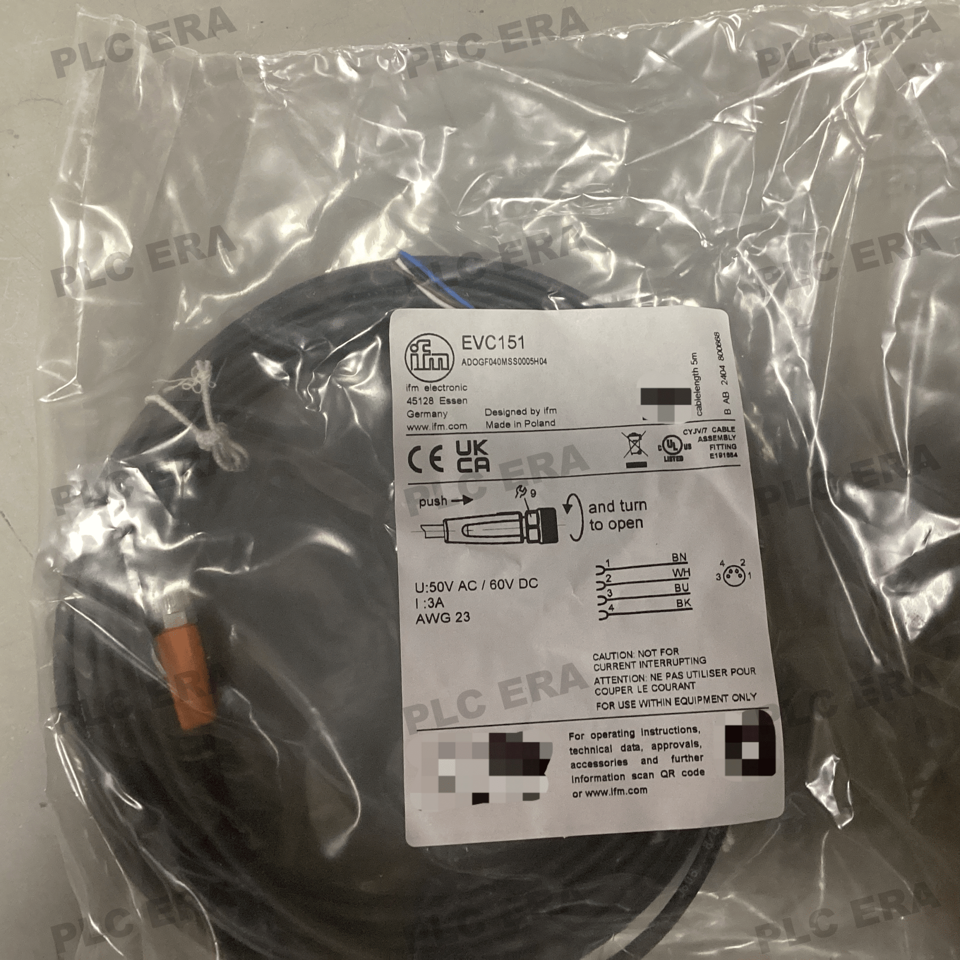 IFM EVC151 M8 Female Cordset 5m PUR IP69K Oil Resistant - PLC ERA