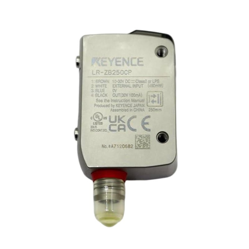 Keyence LR‑ZB250CP rectangular CMOS laser sensor front view with M8 connector
