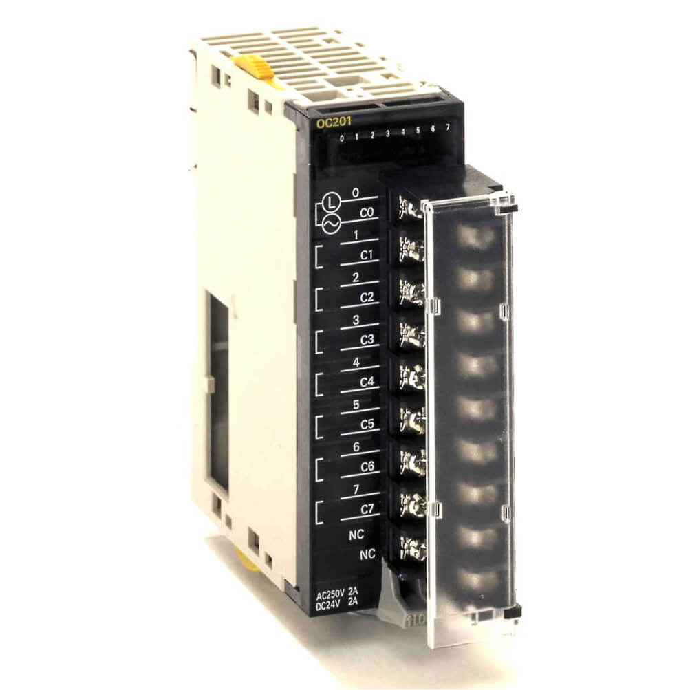Original New Omron CJ1W-OC201 8-point relay output module SYSMAC CJ series independent contacts screw terminal front view