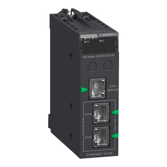 Schneider Electric BMENOC0301 Ethernet communication module – Modicon M580, 3 x RJ45 10/100 ports, EtherNet/IP and Modbus TCP I/O scanner, embedded switch with RSTP, IP20, for medium to large process applications