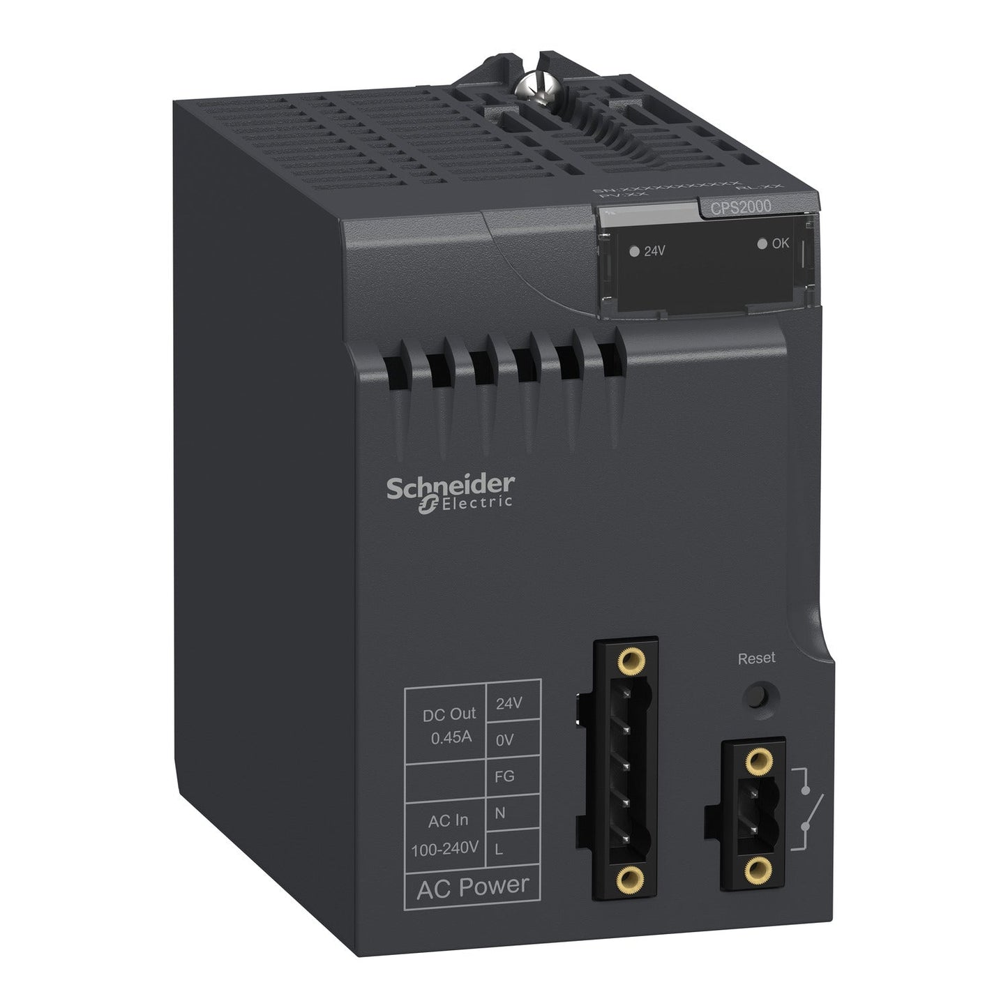 Original New Schneider Electric BMXCPS2000 20W AC power supply module Modicon X80 front view