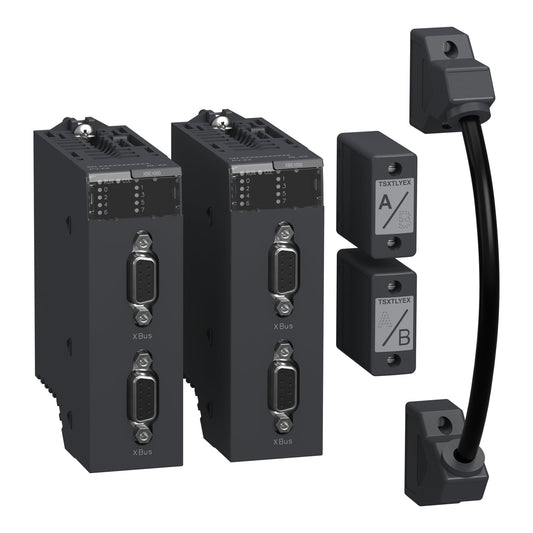 Original New Schneider Electric BMXXBE2005 X80 backplane extender kit with modules and cable front view