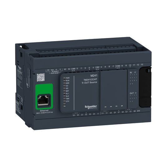 Original New Schneider Electric TM241CE24T Modicon M241 24 I/O transistor PNP Ethernet logic controller front view