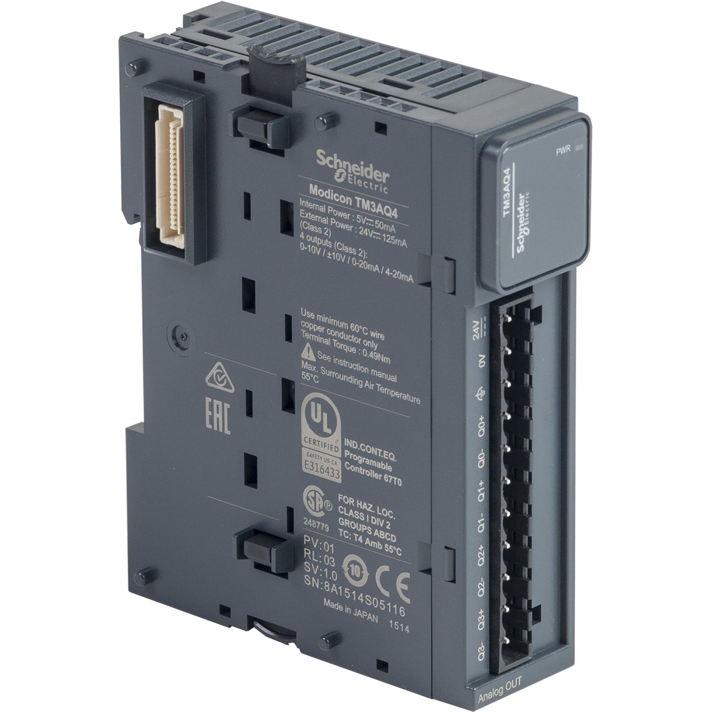 Original New Schneider Electric TM3AQ4 4-channel analog output module Modicon TM3 screw terminal front view