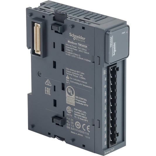 Original New Schneider Electric TM3AQ4 4-channel analog output module Modicon TM3 screw terminal front view