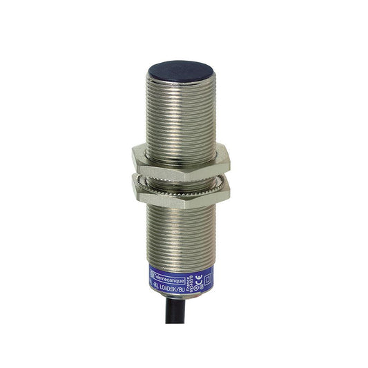Telemecanique XS518B1MAL2 XS5 M18 inductive proximity sensor, 62 mm brass housing, 5 mm sensing distance, 24–240 VAC/DC, 2 m cable, high-precision industrial object detection sensor for automation systems.