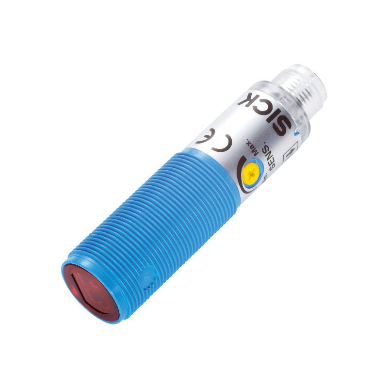 SICK VL180-2P42436 6037496 cylindrical retro-reflective photoelectric sensor M18 plastic housing front view